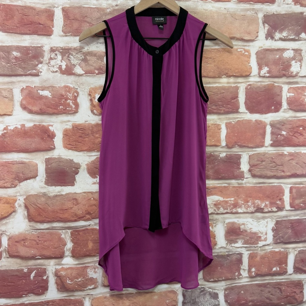 Nicole Miller Top Womens Small Purple Pink Black High Low Sleeveless Sheer Shirt - Picture 2 of 8